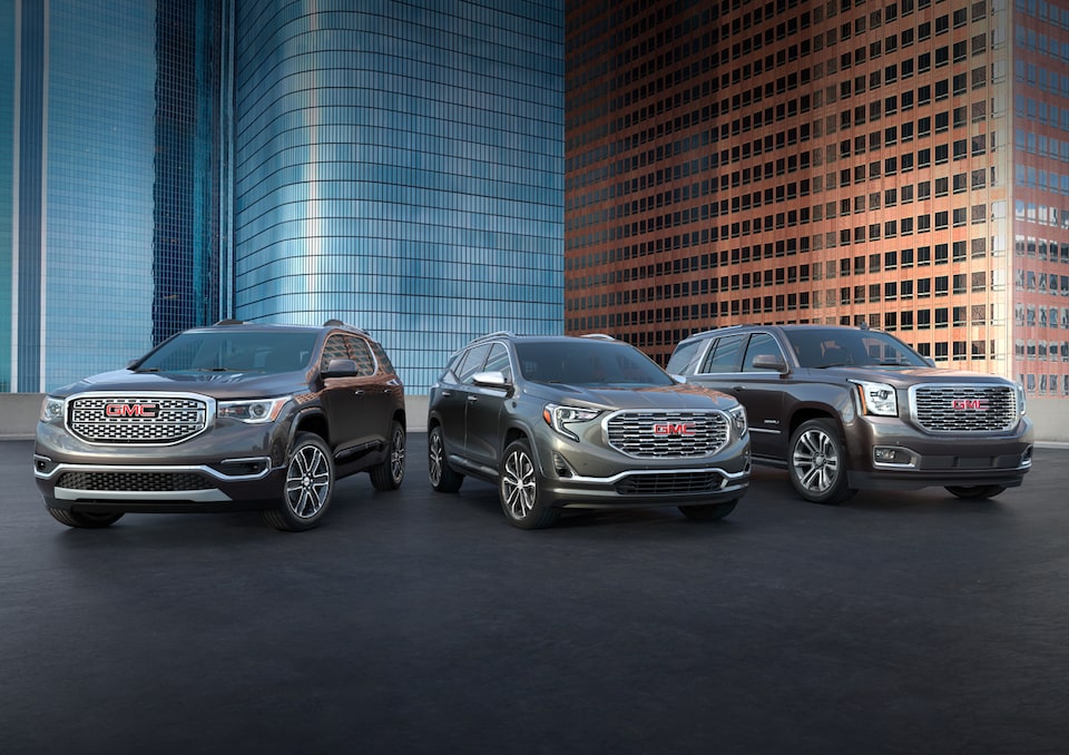 Image of the 2018 GMC Terrain, Acadia, and Yukon Denali SUVs.