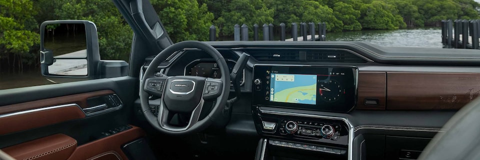 Interior View of the Sierra HD Denali Ultimate Steering Wheel and Dashboard