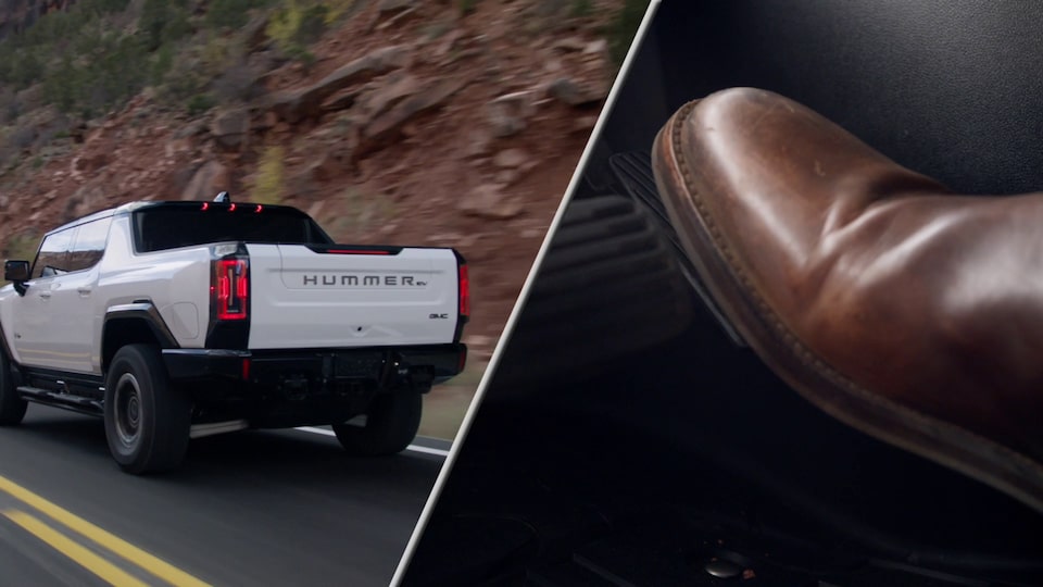 Split Image of Rear Three Quarters View of a White GMC Hummer EV SUV and Displaying a Foot on the Gas Pedal on the Right Side