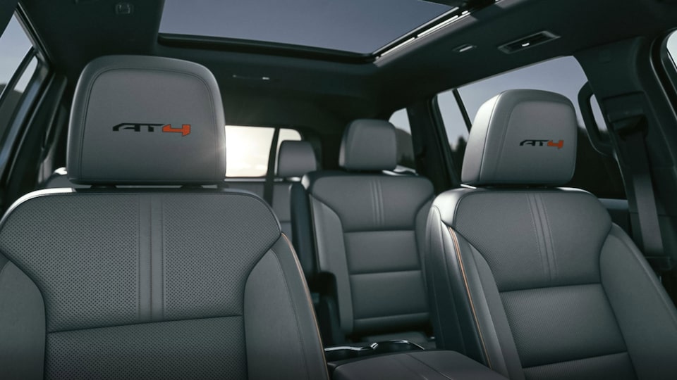 View of the Seating with "AT4" Stitching on the Headrest in a 2024 GMC Acadia AT4