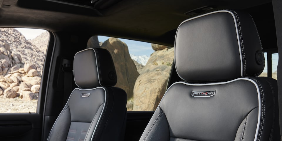 Close-Up on the Stitched Leather Interior Seating of the GMC Sierra HD